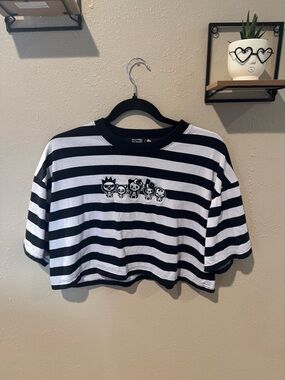 Sanrio Hello Kitty Black & White Striped Tee with Pink Bow Accent